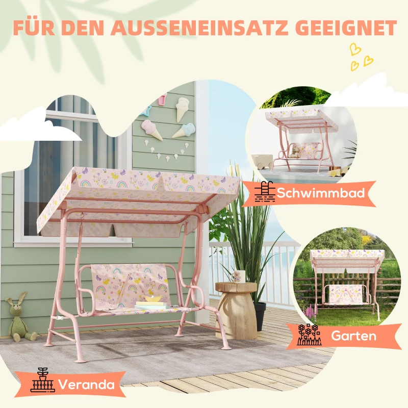 AIYAPLAY Hollywoodschaukel für Kinder, Stahlrahmen, 2-Sitzer, 60 kg belastbar, Rosa