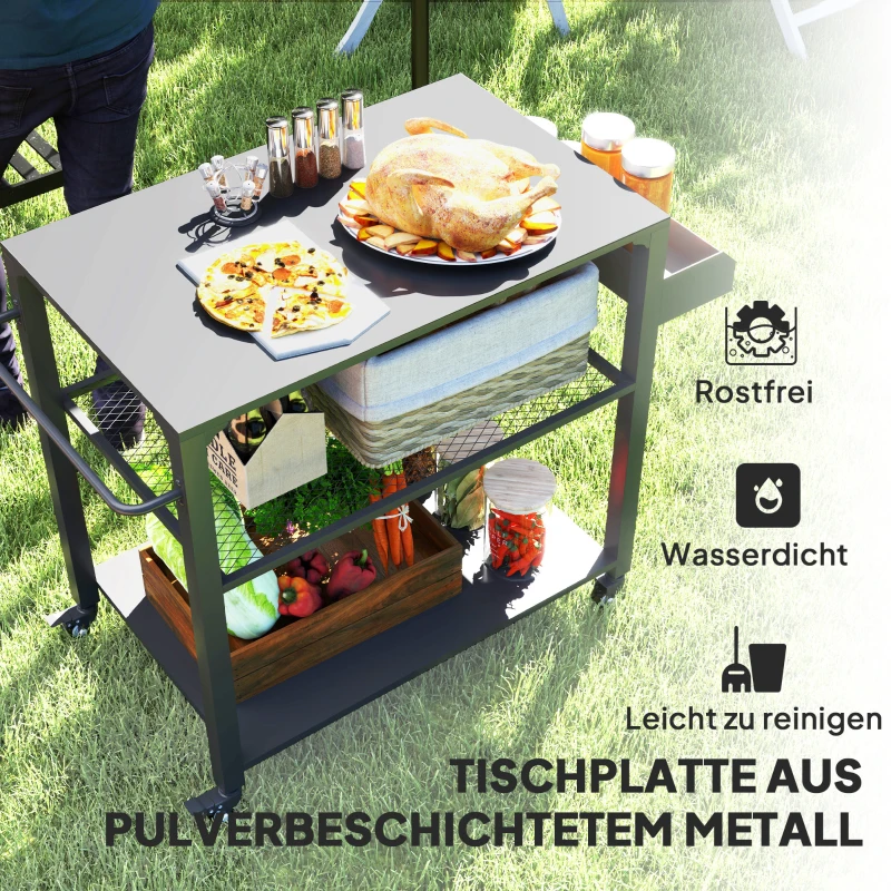 Outsunny Outdoor-Kücheninsel, Grillwagen mit Aufbewahrungsregal, Griff, 4 Rollen, Küchenwagen, Terrasse, Garten, Metall, Schwarz