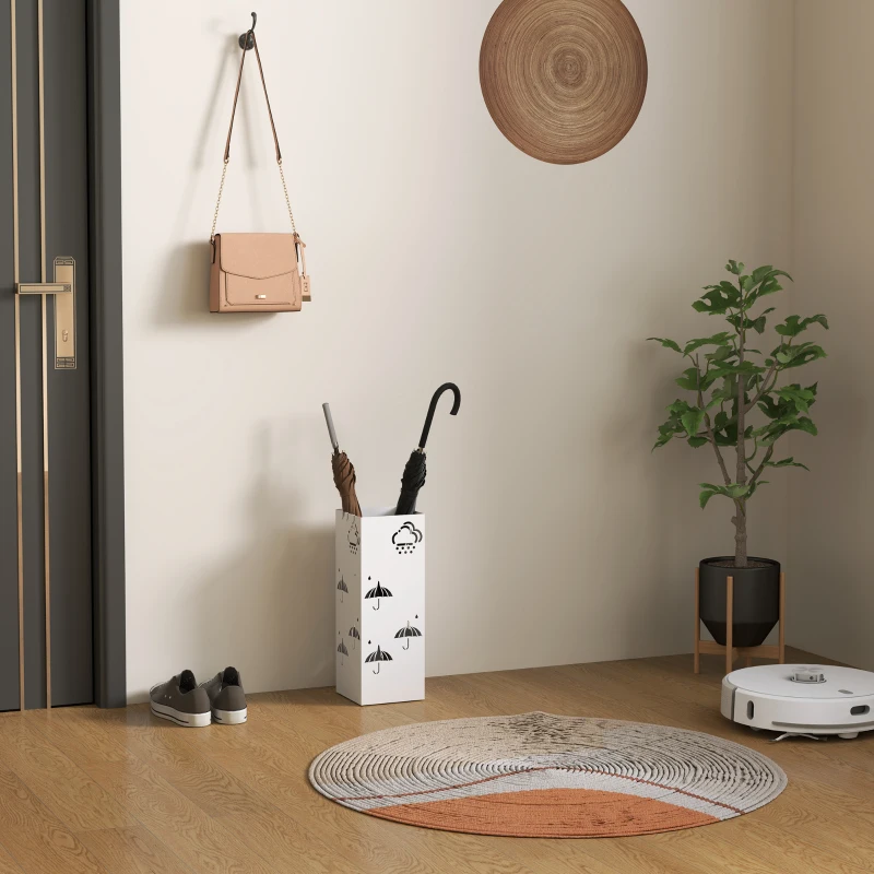 HOMCOM Paragüero de Acero con Bandeja Recoge Gotas Ganchos para Paraguas Plegables y Diseño Decorativo 15,5x15,5x41 cm Blanco