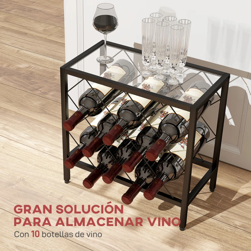 HOMCOM Botellero Vino para 10 Botellas con Encimera de Vidrio Templado y Marco de Acero para Salón Comedor 41x22x41 cm Negro