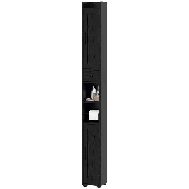 HOMCOM Columna de Baño con 2 Puertas Compartimento Abierto Estantes Ajustables y Portarrollos 20x20x185 cm Negro