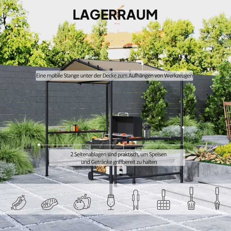 Outsunny Grillzelt Grilldach, wetterbeständig, inkl. Seitentaschen, 277 x 149 x 230 cm, Khaki(m-5)