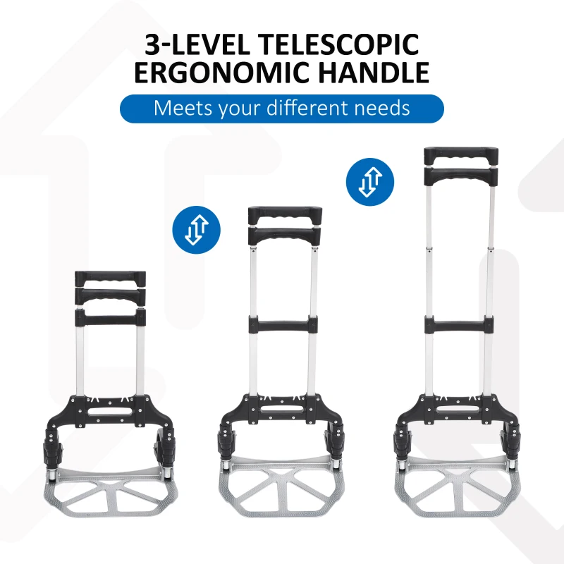 HOMCOM Aluminium Folding Hand Truck Trolley, Heavy Duty Foldable Sack Cart with Adjustable Telescoping Handle, 70KG Load Capacity