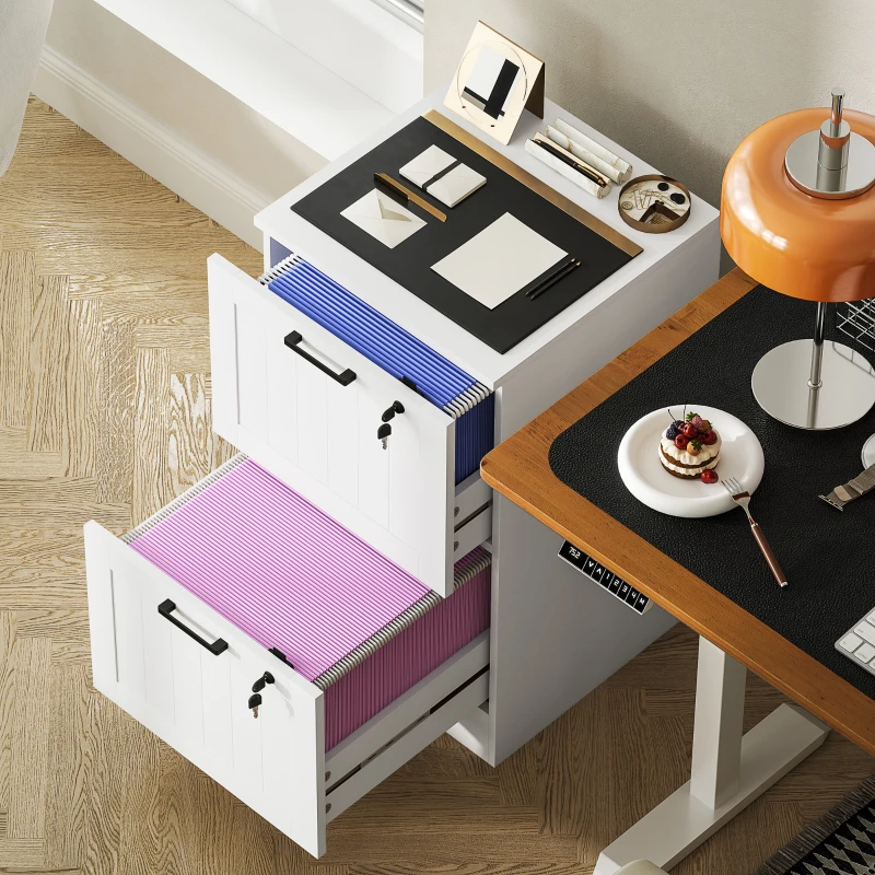 HOMCOM Mueble Archivador con 2 Cajones Cajonera para Escritorio con Cerraduras Rieles Colgantes Ajustables para A4 Blanco