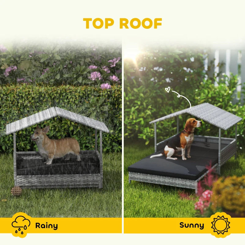 PawHut Extendable Elevated Dog Bed, Rattan Dog House, with Water-Resistant Roof, Removable Cushion, Charcoal Grey