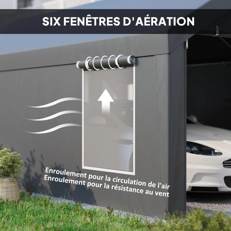 Outsunny Carport tente de garage 3 x 6 m avec parois latérales amovibles, 2 portes enroulables et 4 fenêtres, gris foncé