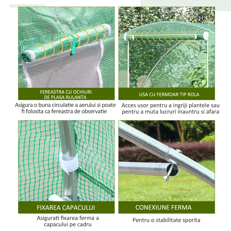 Outsunny Sera Tunel cu Usa care se Ruleaza si Ferestre cu Copertina PE si Structura din Otel, 150x300x200cm, Verde(m-6)