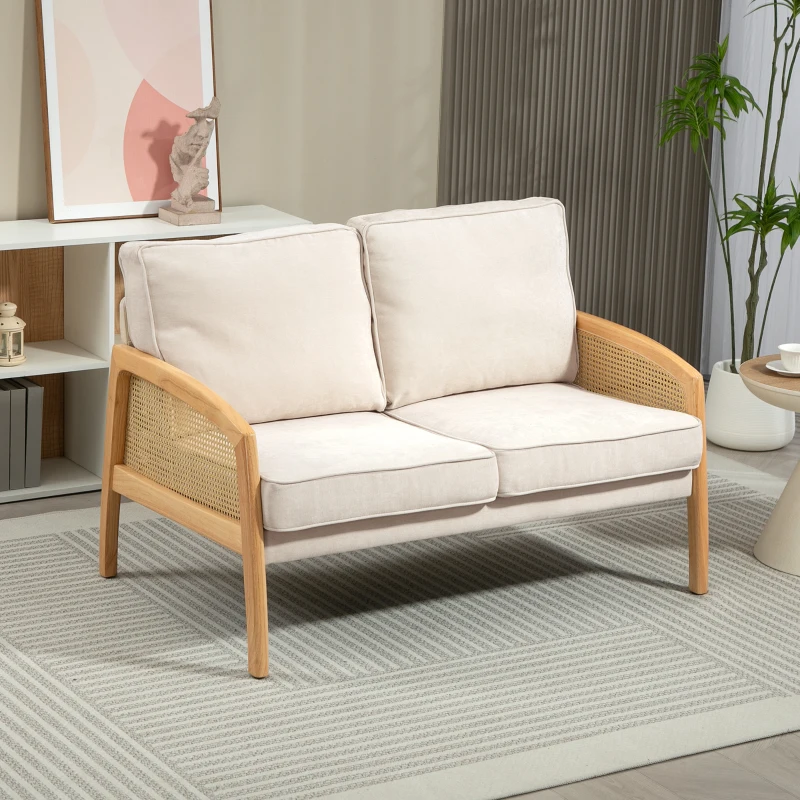 HOMCOM Sofá de 2 Plazas Tapizado en Chenilla con 2 Almohadas Lavables y Reposabrazos de Ratán Sintético 123x75x88 cm Beige