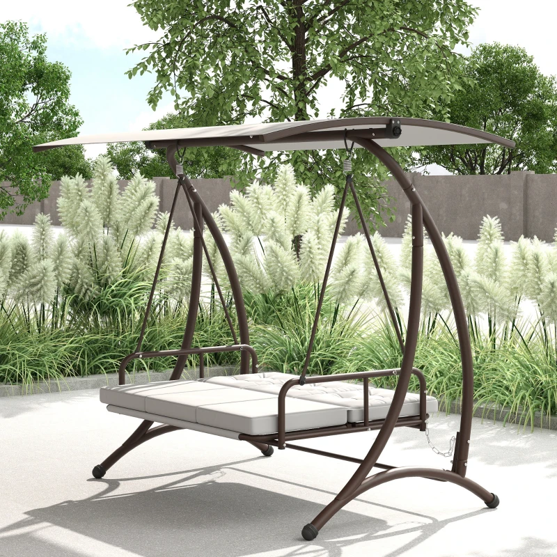 Outsunny Columpio de Jardín de 3 Plazas Convertible en Cama con Toldo Ajustable UPF30+ y Cojines 200x120x175 cm Gris Claro