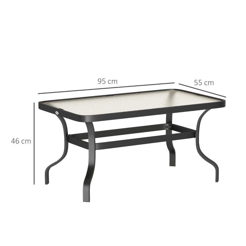 Outsunny Tavolino da Esterno Rettangolare in Metallo Nero con Piano in Vetro Temperato, 95x55x46 cm