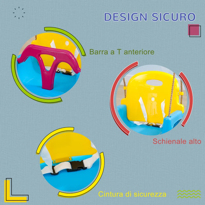 Outsunny Altalena Bambini 3 in 1 da Interno ed Esterno, Corda Regolabile e Cintura di Sicurezza, Età 9-36 Mesi, Blu