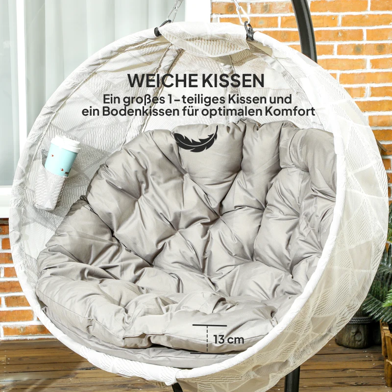 Outsunny Wiszący kosz w kształcie jajka, fotel z funkcją huśtania i składanym koszem, krzesło ogrodowe z uchwytem na kubek, kolor sandbraun