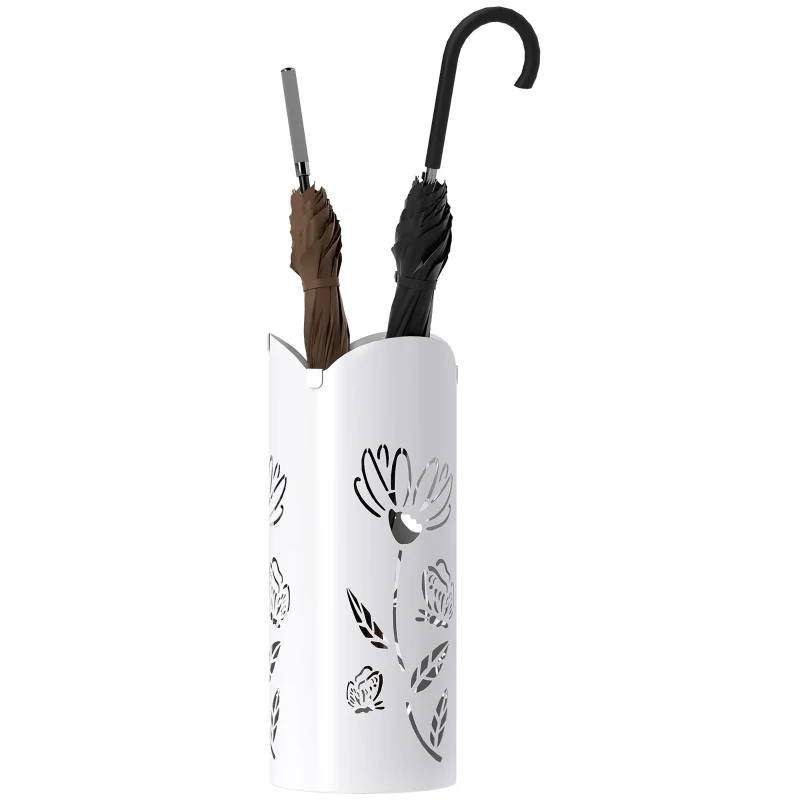 HOMCOM Paragüero de Acero con 4 Ganchos y Bandeja de Goteo Extraíble y Diseño Decorativo 17x17x41 cm Blanco