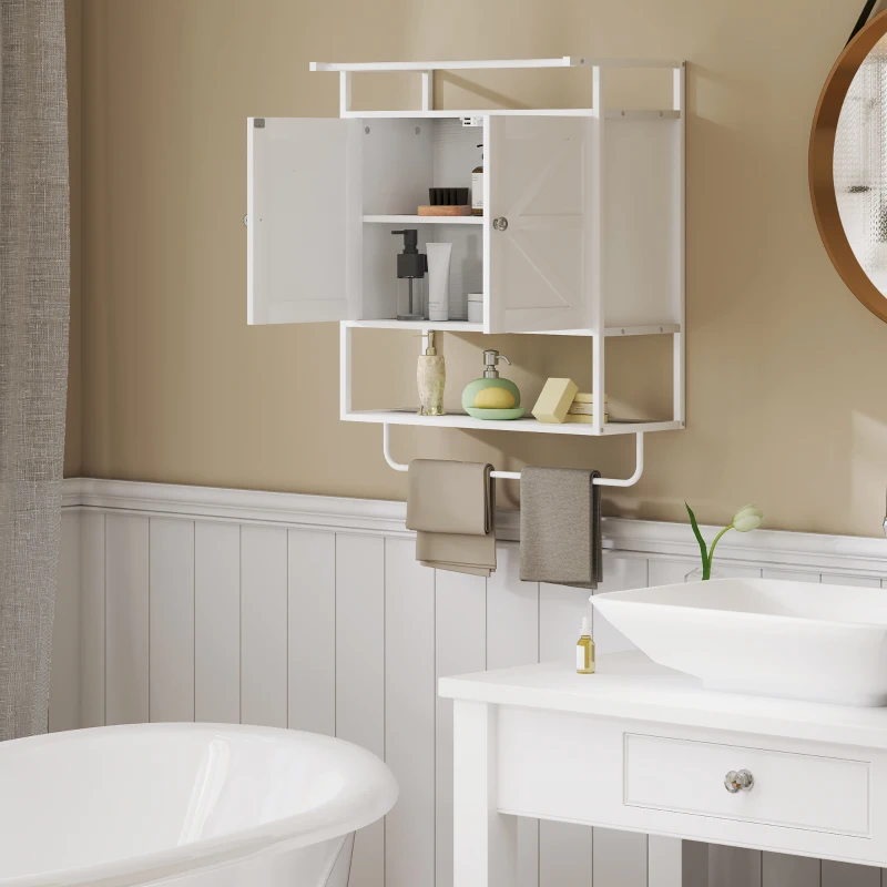 HOMCOM Armario de Pared para Baño Mueble de Baño Suspendido con 2 Puertas Estante Toallero 63x34x75 cm Blanco