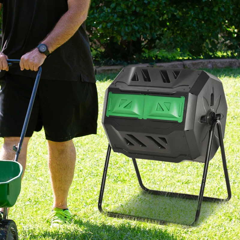 Outsunny Compostor de Tambor Giratório de 160L com Dupla Câmera e Ventilação para Resíduos Orgânicos 71x64x92 cm Preto e Verde