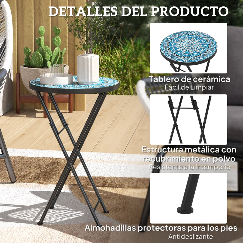 Outsunny Mesa Auxiliar Redonda de Jardín Plegable con Encimera de Mosaico y Almohadillas Antideslizantes Ø35,5x55 cm Azul