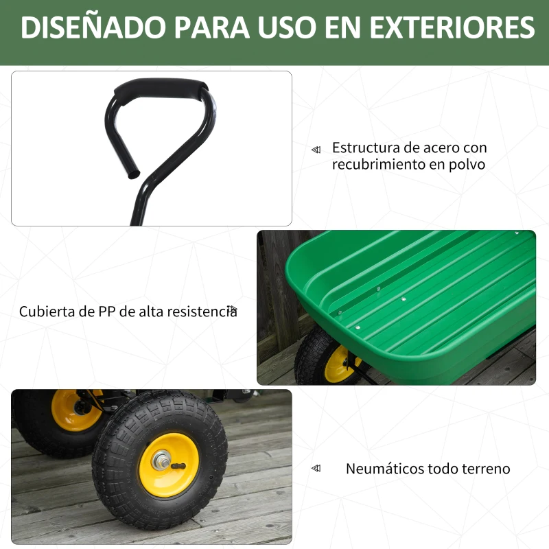 Outsunny Carro de Jardín Basculante Capacidad 125 L Carga 200 kg con Marco de Acero y 4 Ruedas Neumáticas Verde