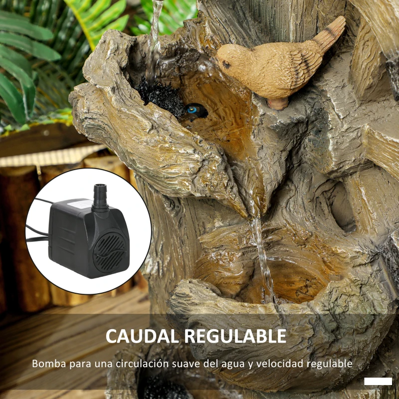 Outsunny Fuente de Cascada 2 en 1 con Casita para Pájaros con Luces LED y Bomba Característica de Jardín con Troncos Multicolor