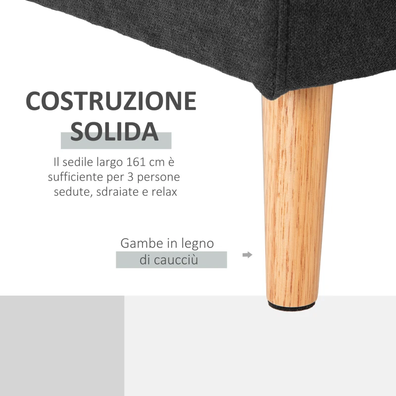 HOMCOM Divano 3 Posti ad Angolo con Penisola Reversibile e Cuscini, in Tessuto Effetto Lino, 193x136x85 cm, Nero