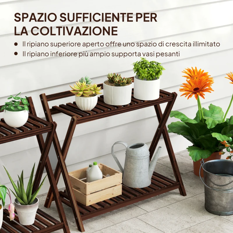 Outsunny Set 2 Portapiante a 2 Livelli con Design a Doghe in Legno di Abete, 73x36x64 cm, Marrone Bruciato