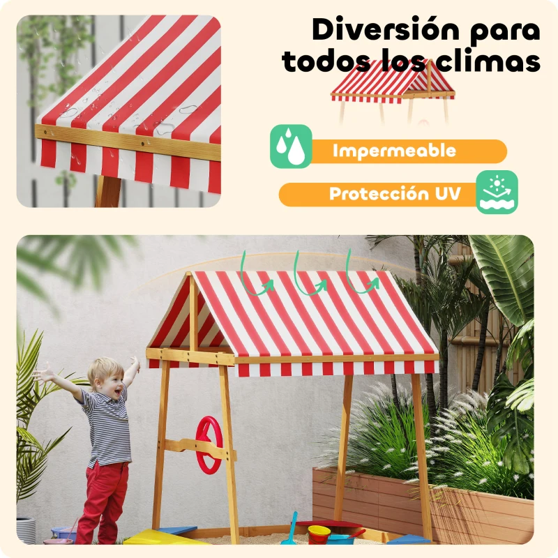 AIYAPLAY Arenero Infantil de Madera en Forma de Barco con Toldo Ajustable Timón y Forro de Base para Juegos al Aire Libre Natural