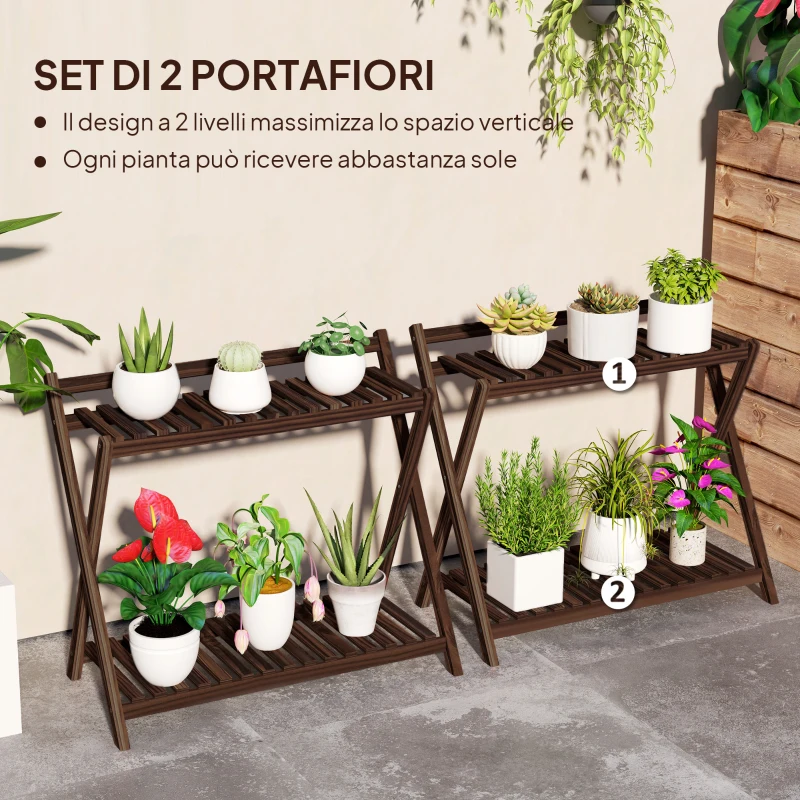 Outsunny Set 2 Portapiante a 2 Livelli con Design a Doghe in Legno di Abete, 73x36x64 cm, Marrone Bruciato