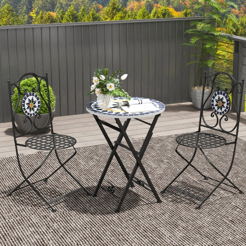 Outsunny Conjunto de Jardín de 3 Piezas con Mesa Redonda y Sillas Plegables y Patrón de Mosaico Geométrico Multicolor