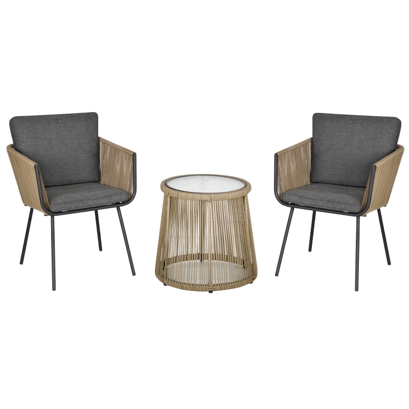 Outsunny Juego de 2 Sillas y Mesa de Ratán con Cojines Acolchados y Encimera de Vidrio para Balcón Terraza Café y Gris
