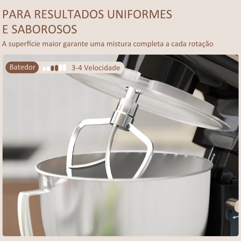 HOMCOM Batedeira 133W 4,5L com 6 Velocidades Tigela de Aço Inoxidável Ganchos e Proteção Tampa Anti-Respingos 35x22x29 cm Preto