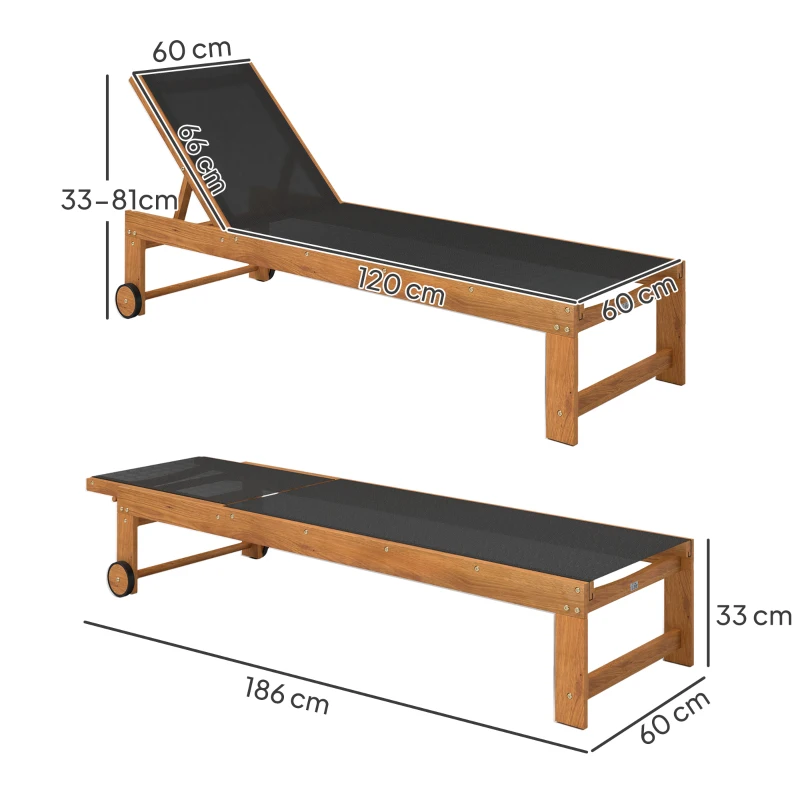 Outsunny Espreguiçadeira de Madeira Espreguiçadeira de Jardim com Rodas Encosto Ajustável em 4 Níveis 186x60x33 cm Teca e Preto