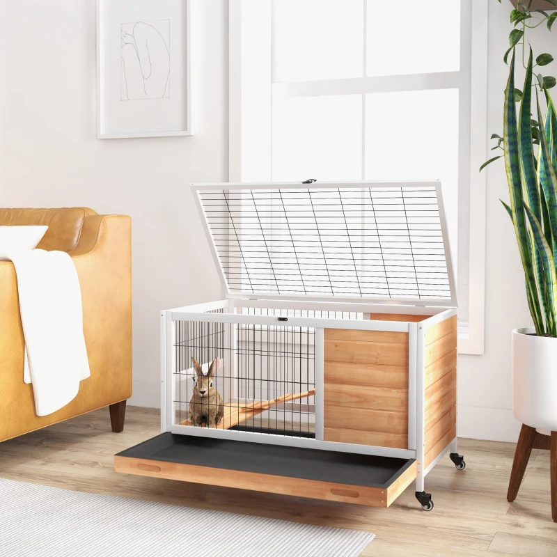 PawHut Coelheira de Madeira Gaiola de para Pequenos Animais Portátil com Teto Abatível Rampa Bandeja Amovível 90x53x59cm Madeira