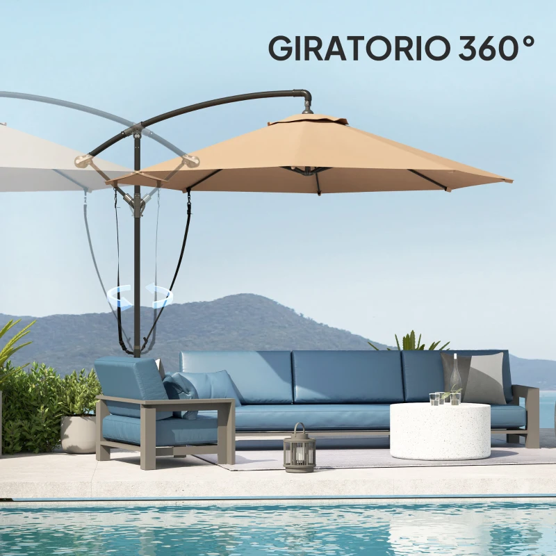 Outsunny Parasol de Jardín Excéntrico Sombrilla con Funda para Sombrilla Protección UV 50+ y Base Cruzada Ø290x243 cm Caqui