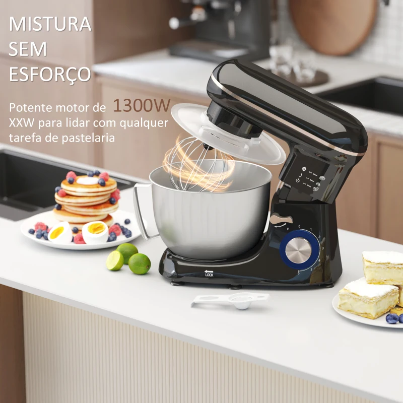 HOMCOM Batedeira 133W 4,5L com 6 Velocidades Tigela de Aço Inoxidável Ganchos e Proteção Tampa Anti-Respingos 35x22x29 cm Preto