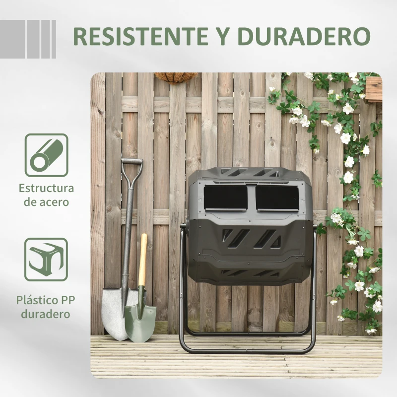 Outsunny Compostador Giratorio 160L con Sistema de Ventilación y Patas de Acero para Compostaje de Residuos Orgánicos 71x65x96 cm