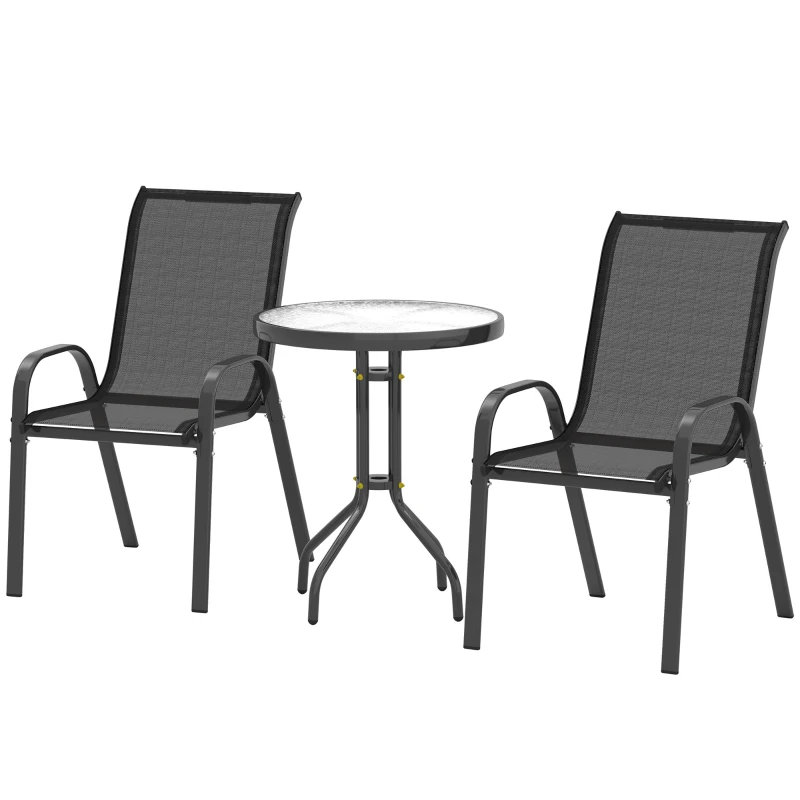 Outsunny Conjunto de Mesa e Cadeiras de Jardim de 3 Peças Móveis de Jardim com Cadeiras Empilháveis e Bancada de Vidro Preto