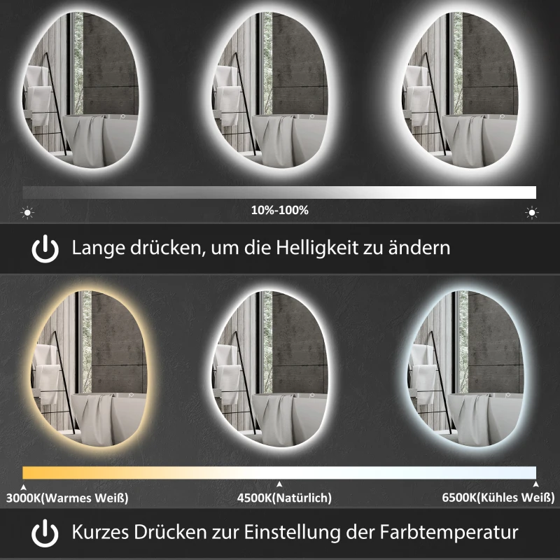 HOMCOM 70 x 50 cm Asymmetrische Badkamerspiegel met LED-verlichting, Slimme Touch Schakelaar, Anti-Condens Functie, Zilverkleurig
