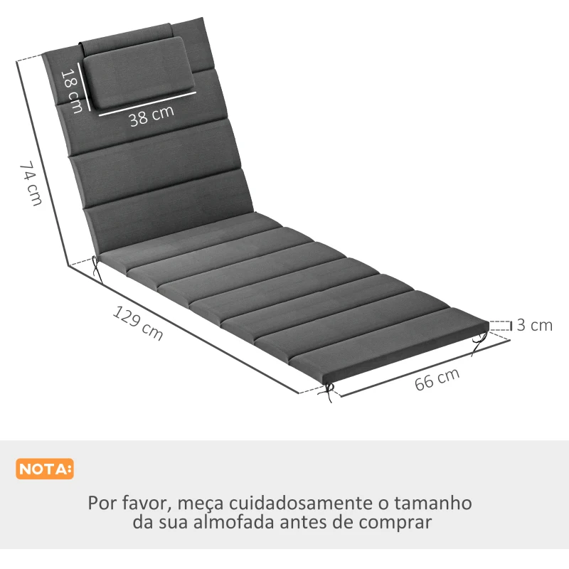 Outsunny Conjunto de 2 Almofadas para Espreguiçadeira Dobráveis 203x66x3 cm com Apoio para a Cabeça e Correias de Sujeição Cinza
