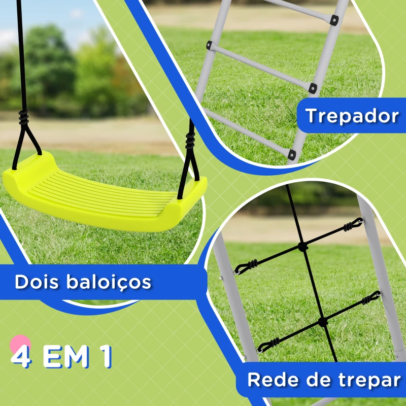 Outsunny Baloiço para Crianças 4 em 1 com 2 Baloiços Trepador Rede de Escalada Corda Ajustável e Anti-UV 260x185x180 cm Cinza e Verde