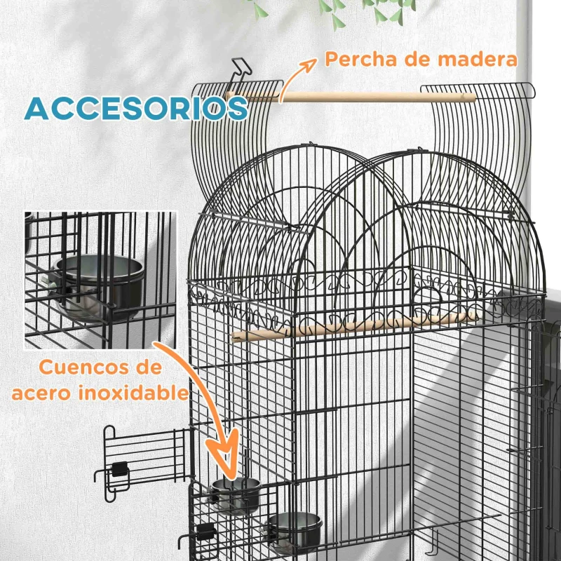 PawHut Jaula de Pájaros con Ruedas Jaula de Aves Exterior con Bandeja Extraíble Rejilla 2 Cuencos Percha 51x51x153 cm Negro