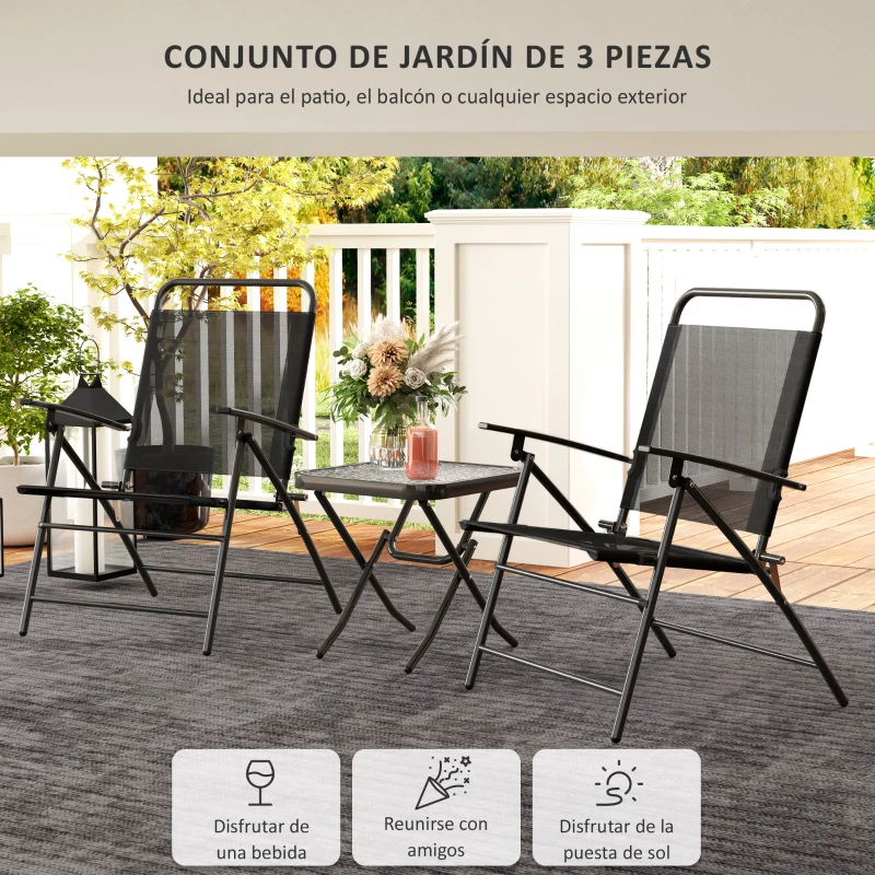 Outsunny Conjunto de 3 Piezas Mesa con Encimera de Cristal y Sillas Plegables con Respaldo Regulable para Terraza Exterior Negro