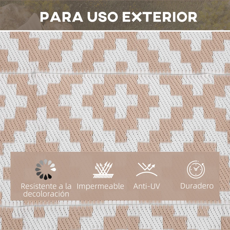 Outsunny Alfombra de Exterior Reversible 182x274 cm con Patrón Geométrico Acabado Impermeable Café y Blanco