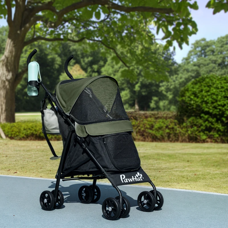 PawHut Foldable Dog Stroller, Lightweight Dog Pram w/ Shoulder Strap, Storage Bag, Cup Holder, Dark Green