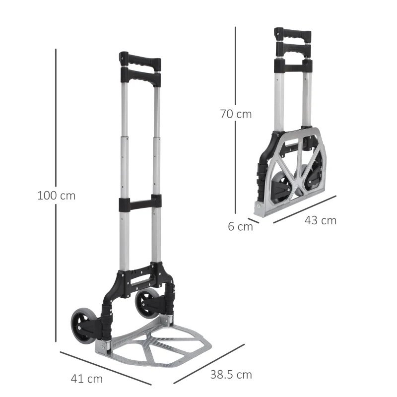 HOMCOM Aluminium Folding Hand Truck Trolley, Heavy Duty Foldable Sack Cart with Adjustable Telescoping Handle, 70KG Load Capacity