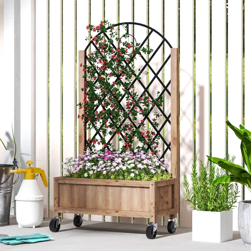 Outsunny Wooden Planter, with Metal Trellis - Brown/Black