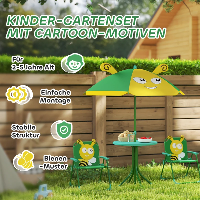 AIYAPLAY Tuinmeubelset voor Kinderen, Stoelen, Tafel, Parasol met Bijenontwerp, Groen+Geel