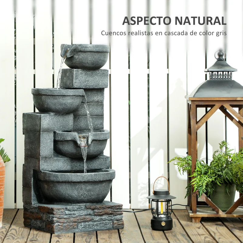 Outsunny Fuente de Jardín con Iluminación LED Fuente Decorativa en Cascada de 4 Niveles 38x35x78,5 cm Gris
