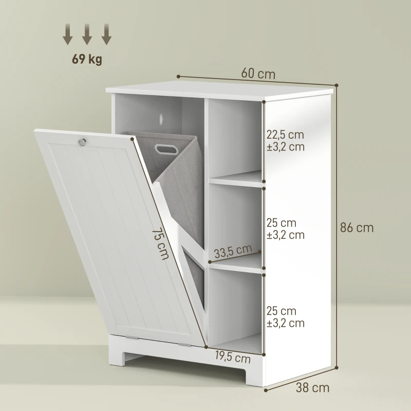 HOMCOM Mueble de Baño con Cesto Ropa Sucia Cesta Extraíble Estante Ajustable y Compartimentos para Baño 60x38x86 cm Blanco