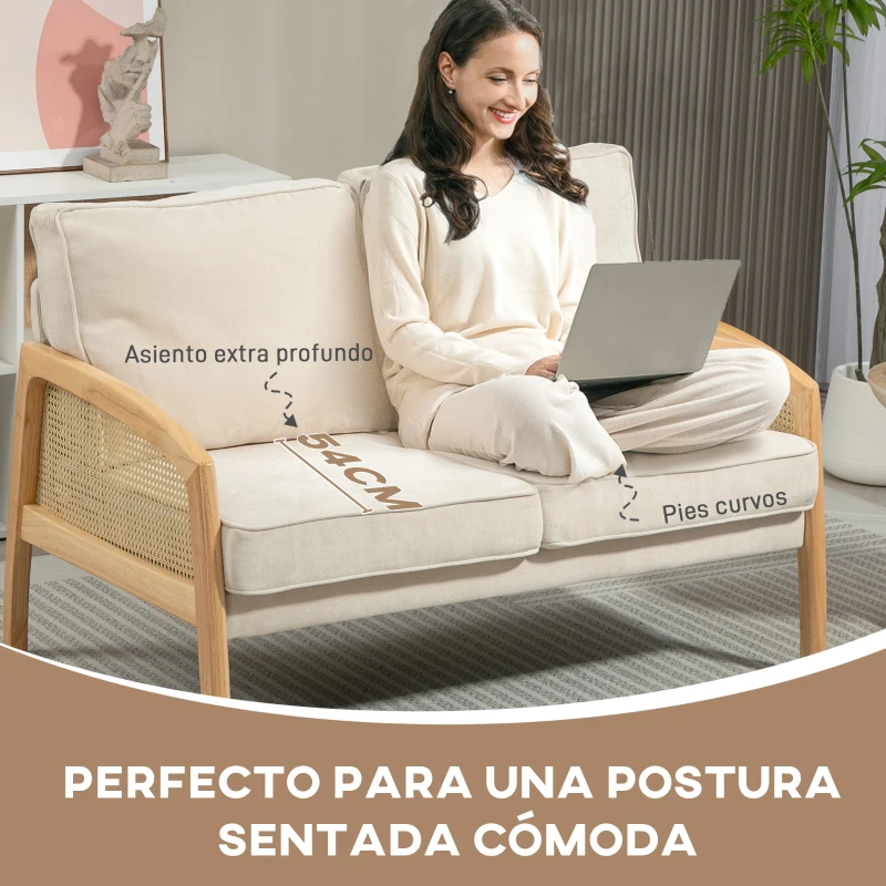 HOMCOM Sofá de 2 Plazas Tapizado en Chenilla con 2 Almohadas Lavables y Reposabrazos de Ratán Sintético 123x75x88 cm Beige
