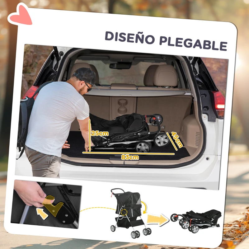 PawHut Carrito para Perros Pequeños con Toldo Ajustable Cesta de Almacenaje Portavasos y Ruedas 75x45x97 cm Negro