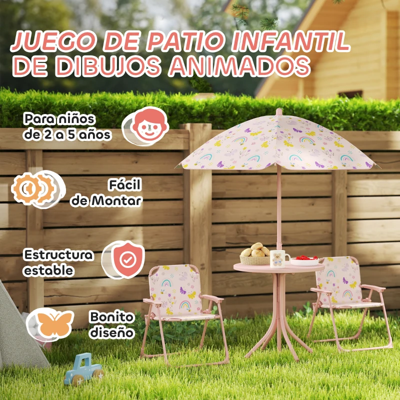 AIYAPLAY Conjunto Infantil de Jardín Plegable con 2 Sillas Mesa y Sombrilla Ajustable para Niños de 2 a 5 Años Rosa